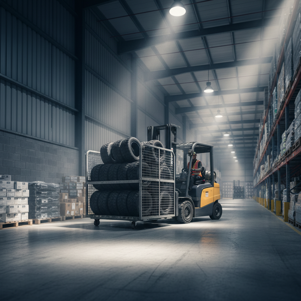 Forklift moving a metal cart filled with tires in a warehouse Aisle, industrial lighting, cinematic shot