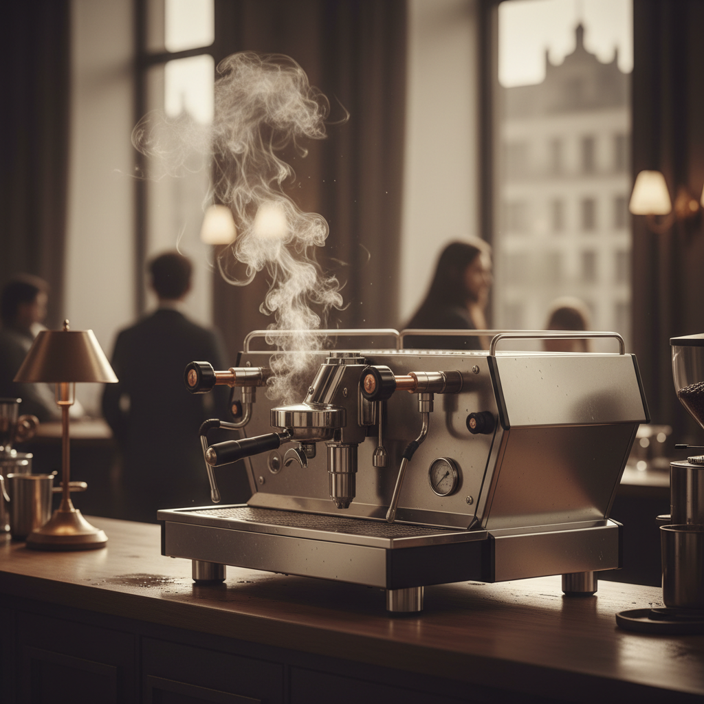 Sleek modern espresso machine in a dimly lit cafe with steam rising, metallic details, cinematic 4k