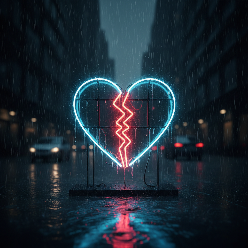 cinematic moody lighting, broken heart neon sign in rain, dark background, dramatic atmosphere, photorealistic