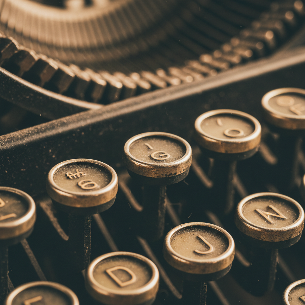 Macro photography of typewriter keys, focus on the letters, metallic and vintage aesthetic