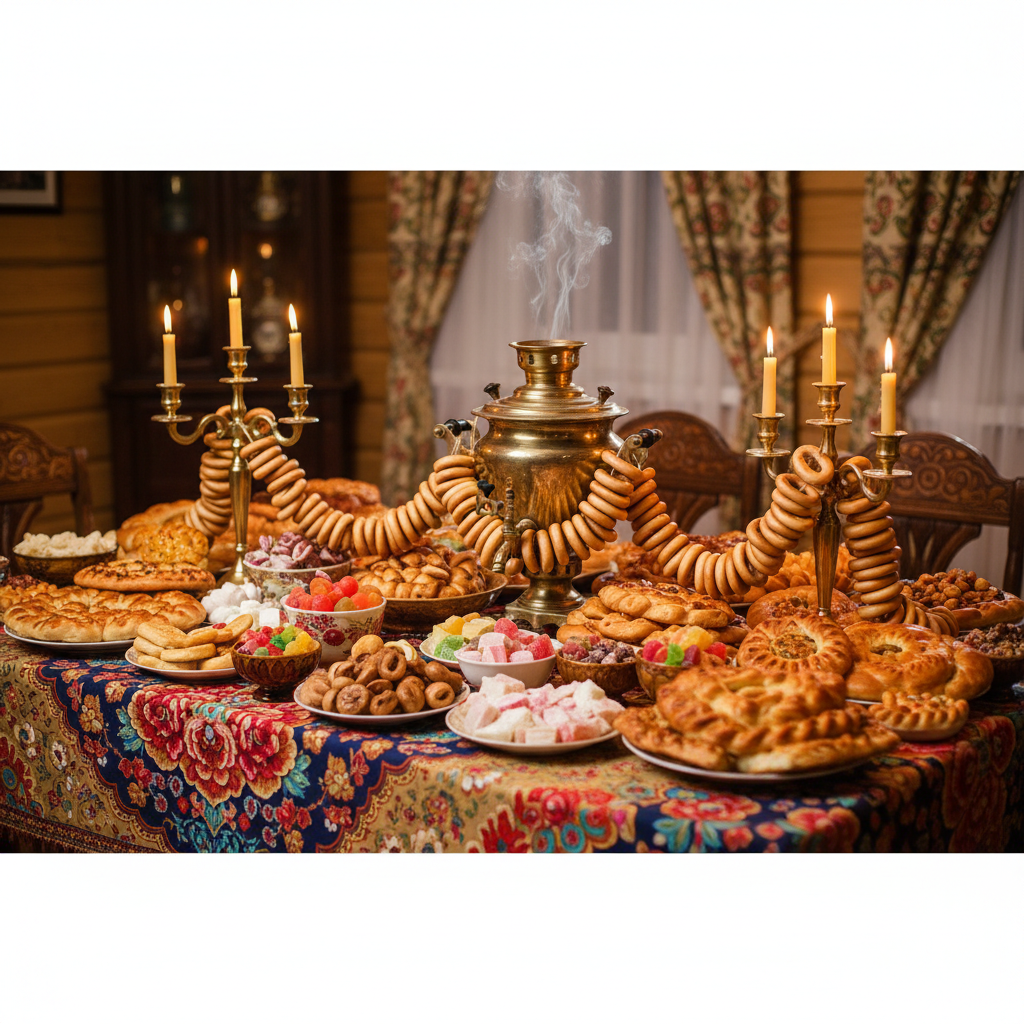 Large festive table with samovar, bagels (baranki), pies, and sweets, traditional Russian pattern tablecloth, warm candlelight, inviting atmosphere