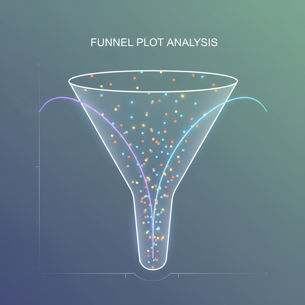 Illustration of a statistical funnel plot, data points scattered, confidence interval lines curving