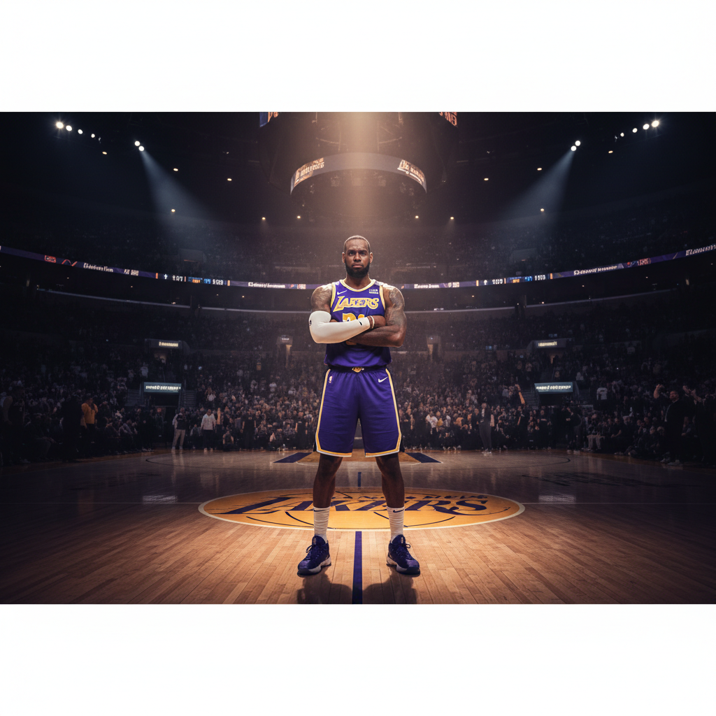 LeBron James standing at center court pregame, arms crossed, serious expression, Lakers uniform, dramatic stadium lighting