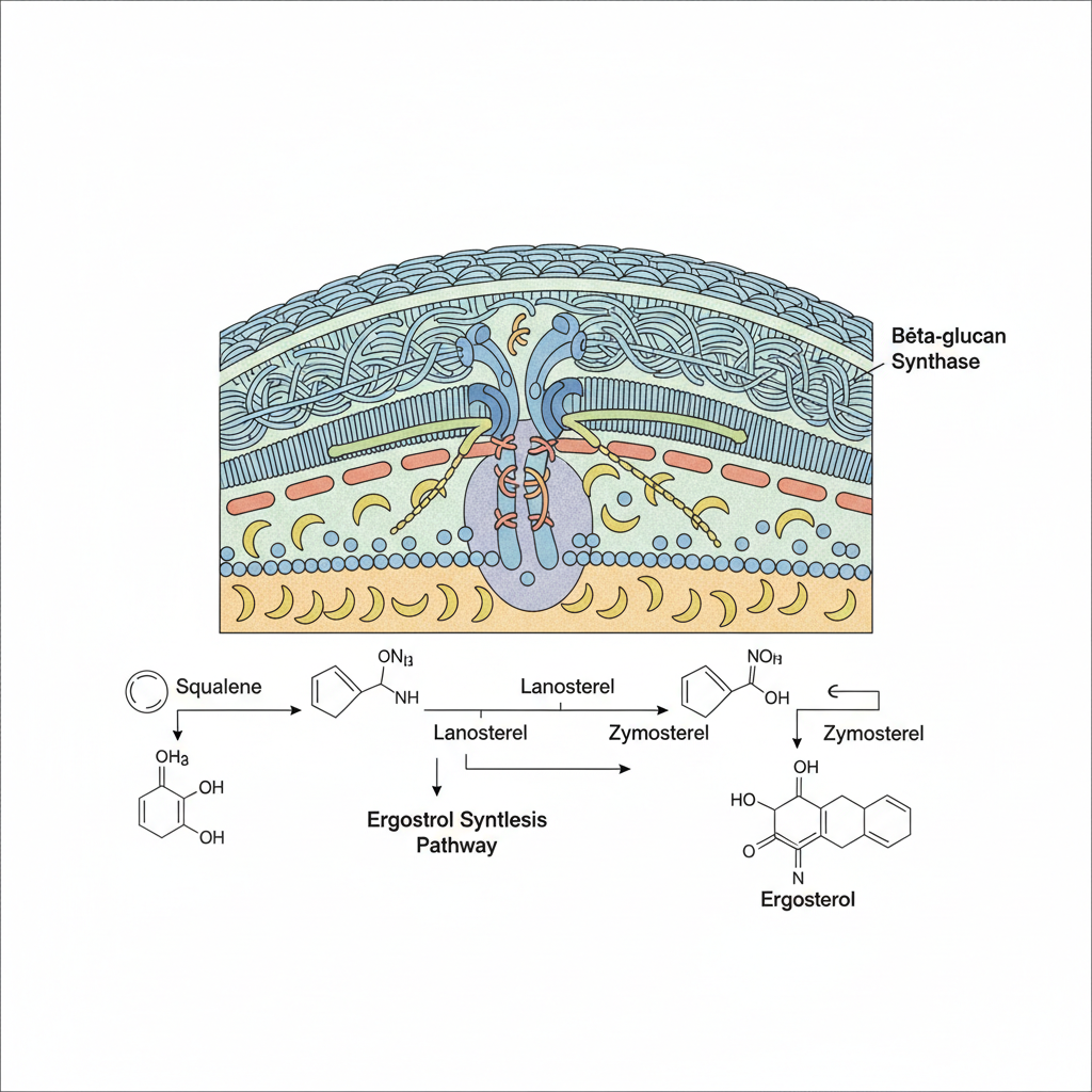 Diagram of fungal cell membrane and wall, showing Ergosterol synthesis pathway and Beta-glucan synthase, scientific illustration, labelled look but textless