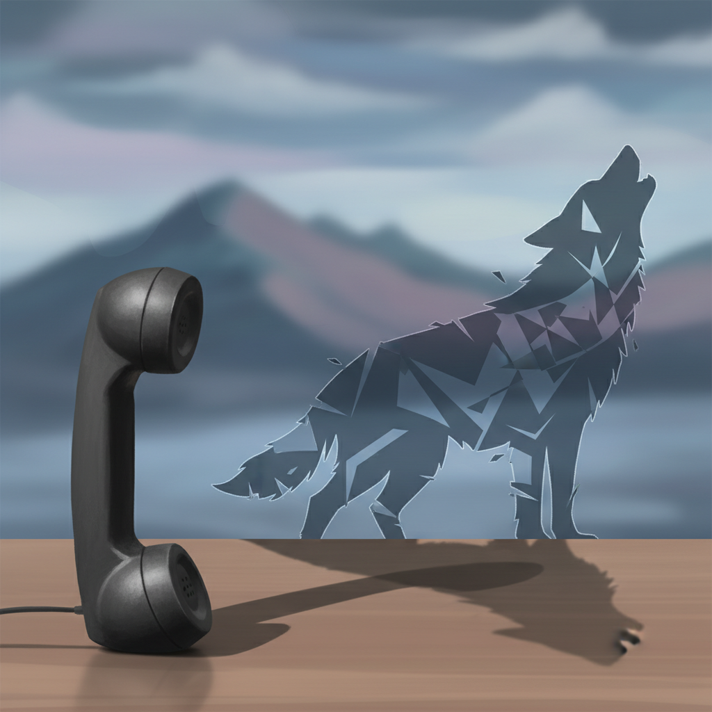A telephone handset resting on a desk with a shadow that looks like a wolf, conceptual art