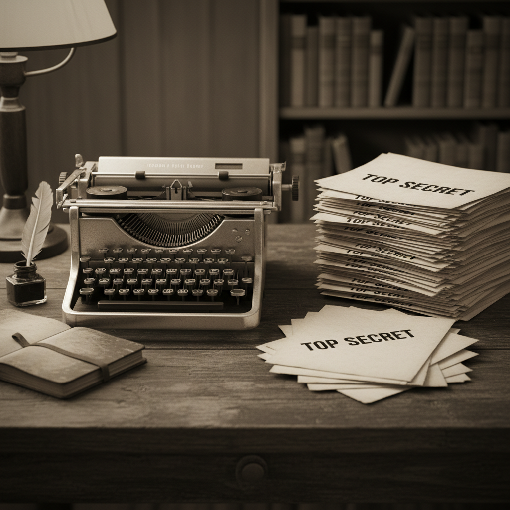 Vintage typewriter on a wooden desk, stack of papers stamped with 'TOP SECRET', sepia tone