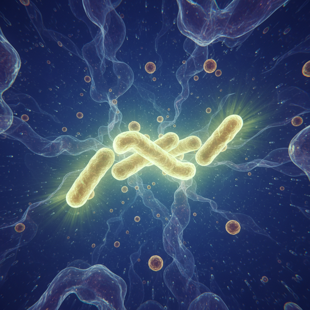 Abstract 3D scientific rendering of beneficial bacteria colonies glowing in a deep blue microbial environment, high quality biomedical visualization, soft lighting