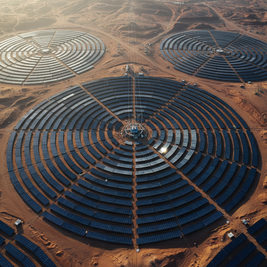 Aerial view of a massive solar farm in a desert, geometric patterns of solar panels, sunlight reflecting, clean energy concept, hyperrealistic