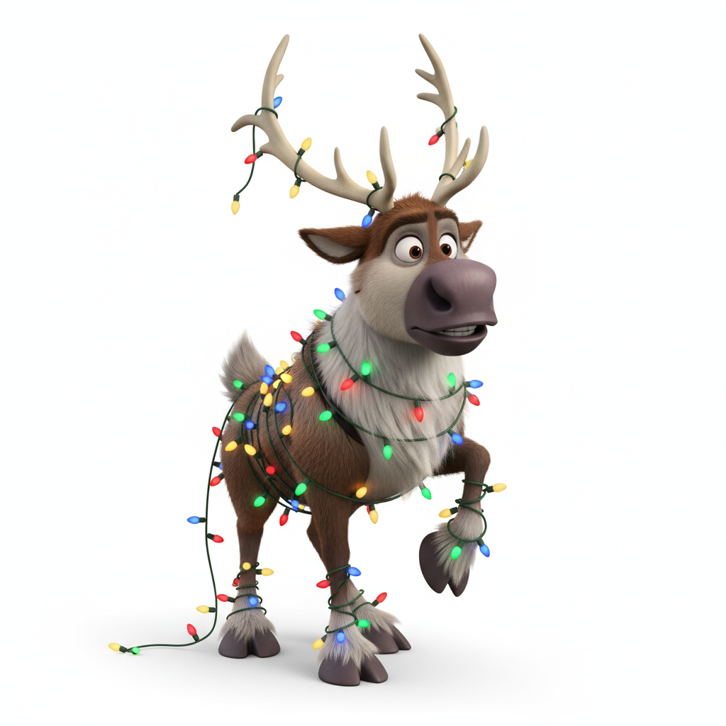Sven the reindeer from Frozen looking confused or tangled in lights, 3d render style, isolated on white background