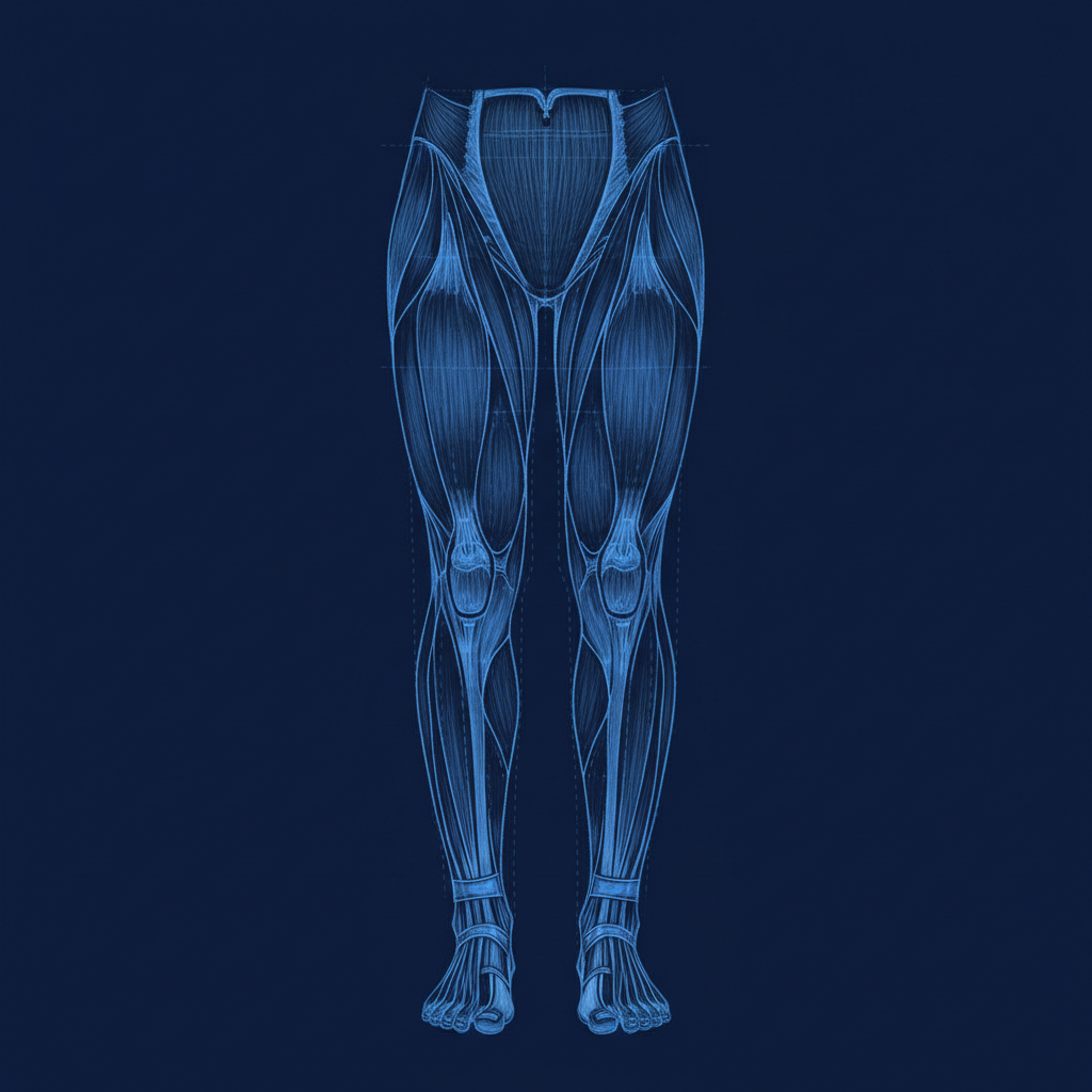 Minimalist medical sketch of human legs demonstrating muscle zones, blueprint style, dark blue background