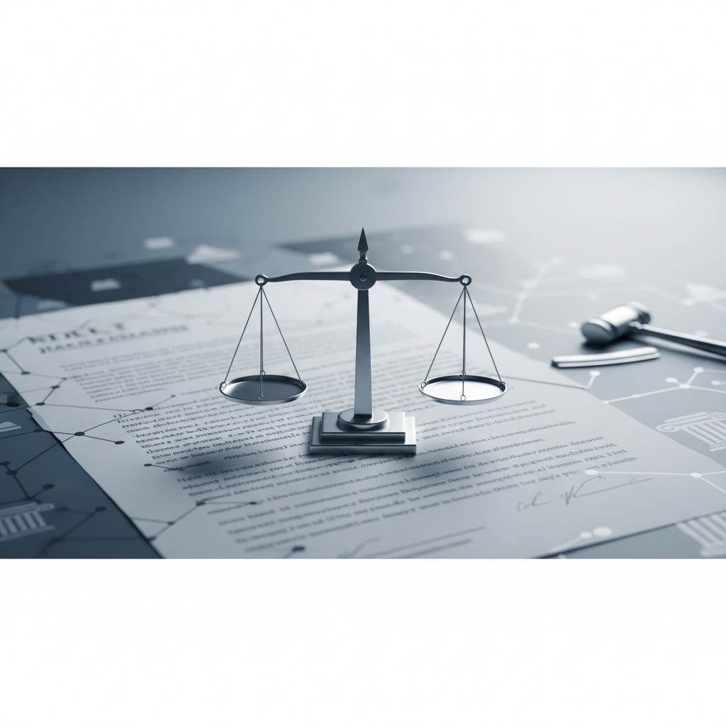 Minimalist legal concept, justice scales on a structured document background, professional blue and grey tones, high quality, photorealistic