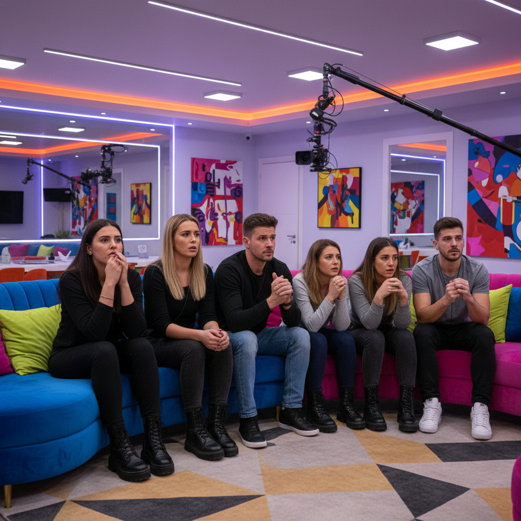 A dramatic scene inside a reality show house, contestants sitting on couches looking tense, vibrant interiors, television broadcast quality