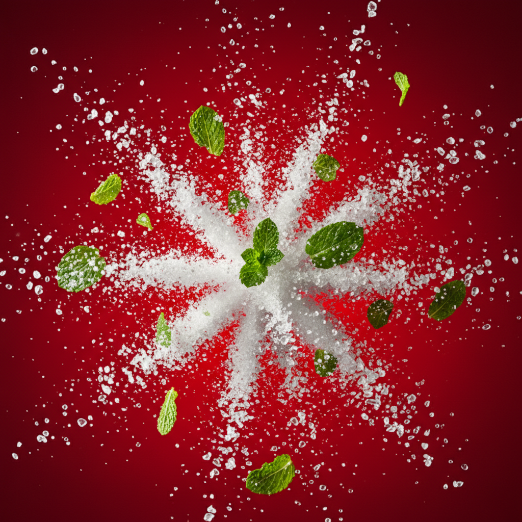 A vibrant explosion of white salt crystals, green mint leaves, and water droplets against a bright red background, high energy, commercial product photography style, macro detail