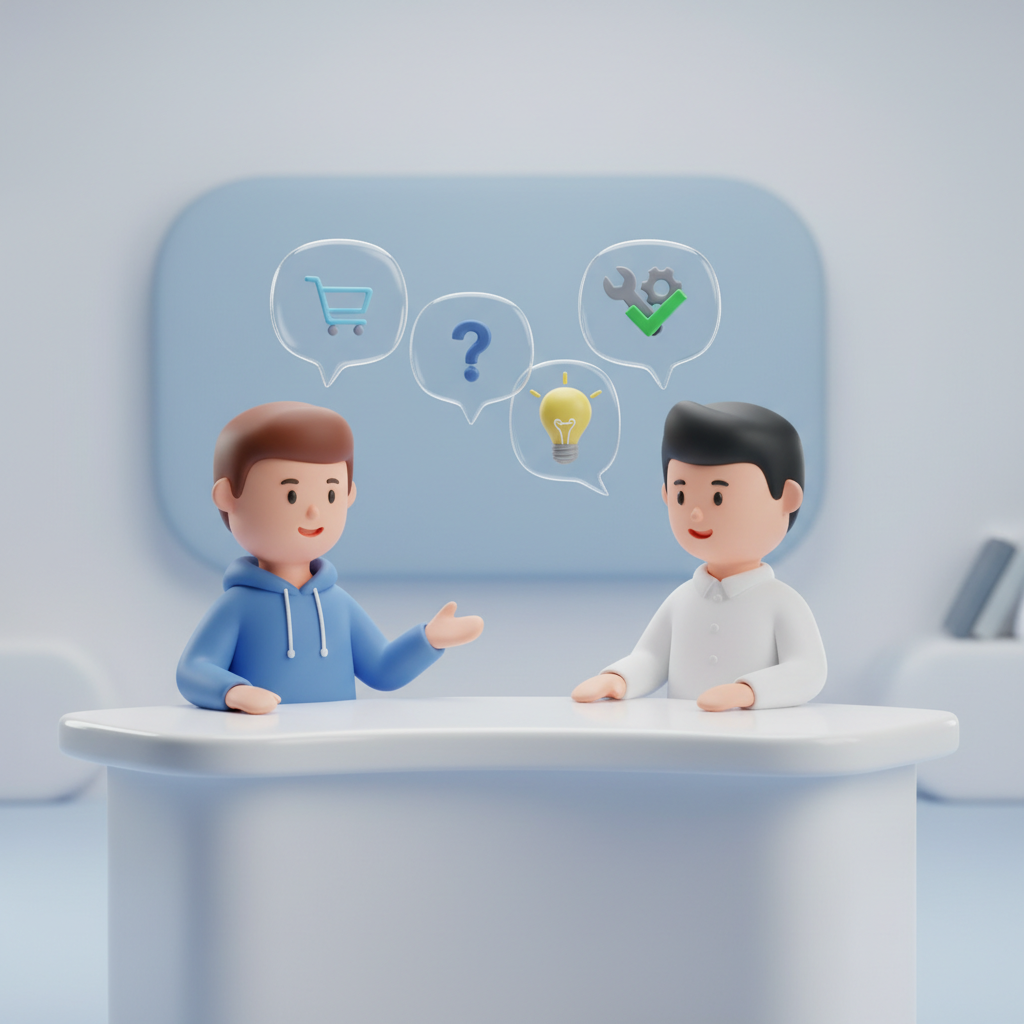 3D illustration of a conversation between a customer and a service agent at a sleek white desk, speech bubbles with icons