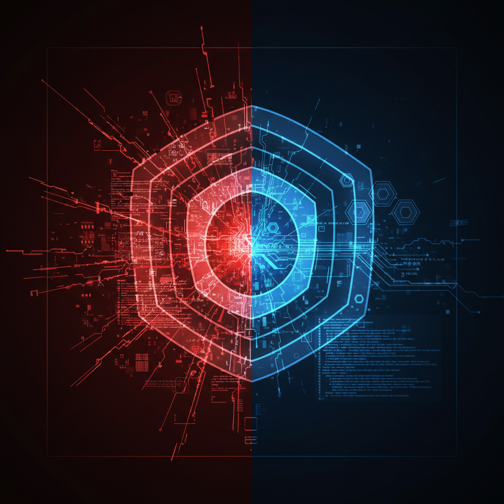 Split screen conceptual illustration. Left side: Red glitching chaotic computer terminal. Right side: Blue secure orderly shielded computer terminal. High contrast.