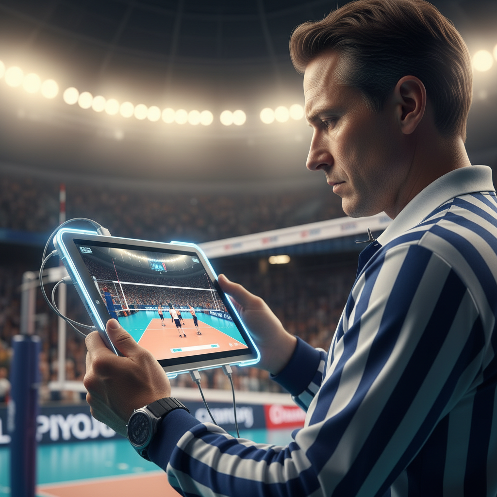Volleyball referee looking at a tablet screen for video challenge review, high tech sport equipment, close up, stadium lights