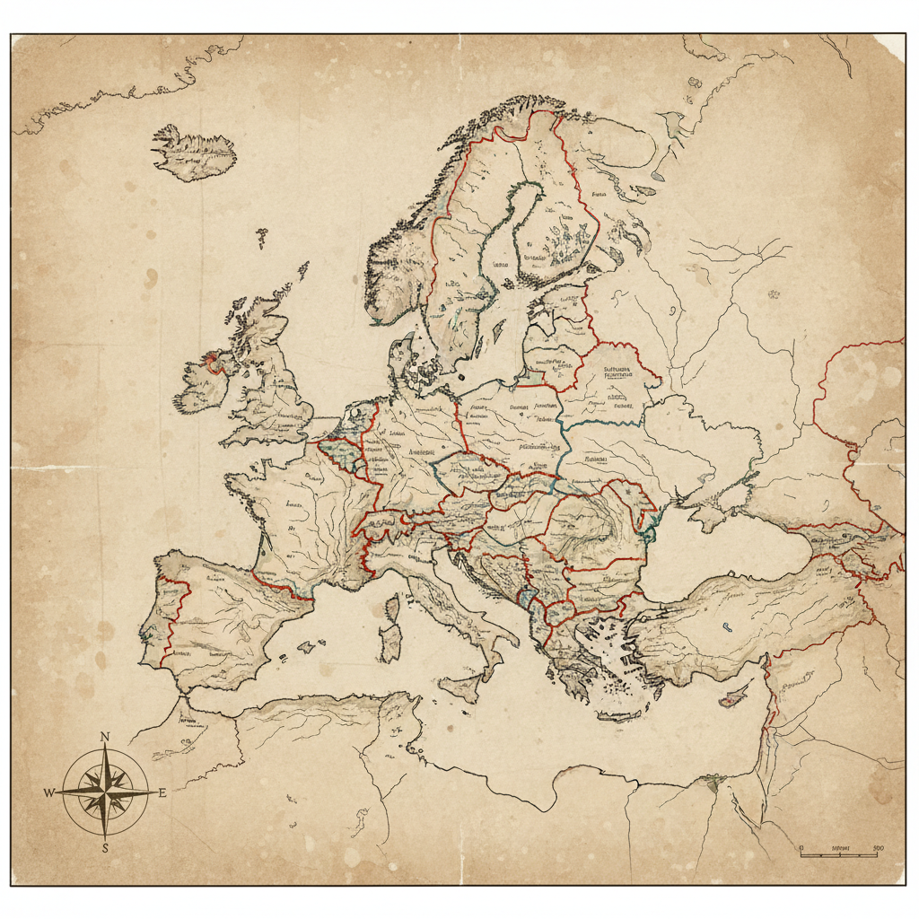 Old vintage map of Europe 1939 showing borders, paper texture, historical educational style