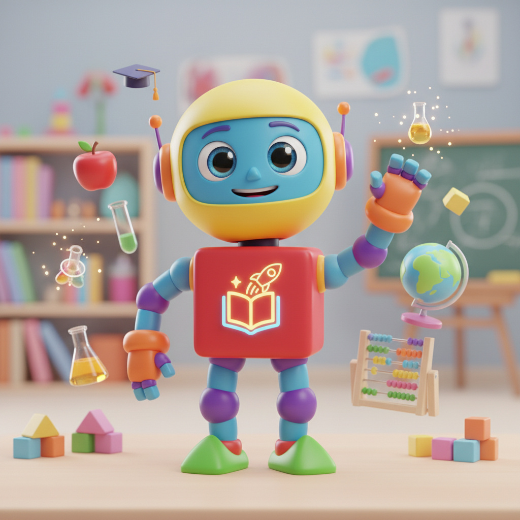 A cute, friendly 3D robot mascot waving hello, bright colorful style, education theme, 3d render, soft lighting