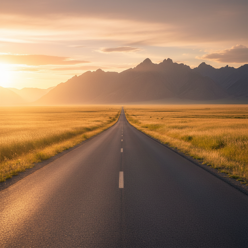 Epic landscape of an endless road stretching into a mountain horizon, inspiring, golden hour light