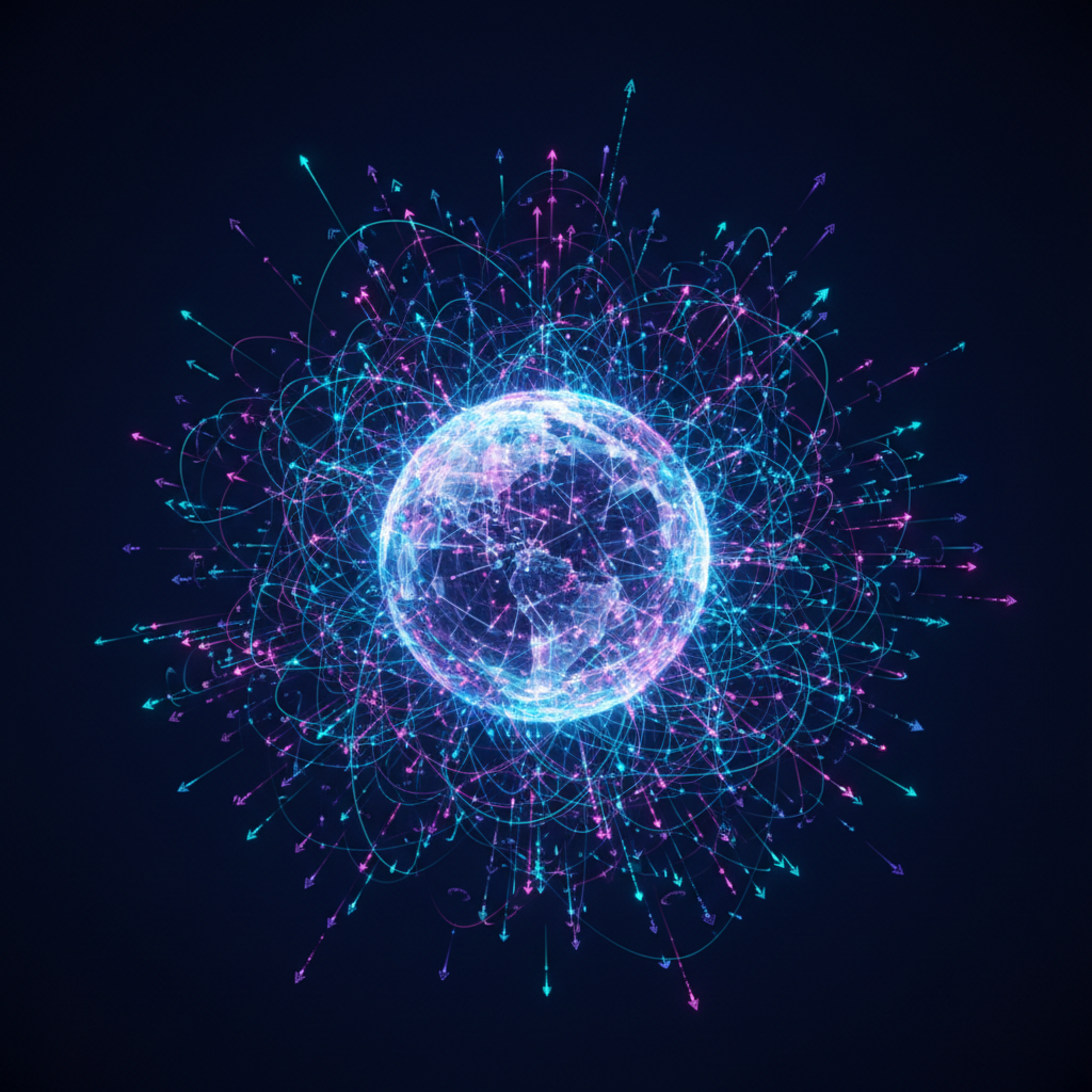 Abstract digital representation of the internet, glowing nodes and lines connecting a globe, dark blue background, cybernetic style