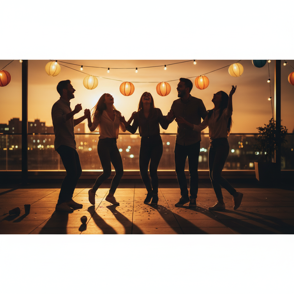 Group of friends laughing, silhouette, warm party lighting