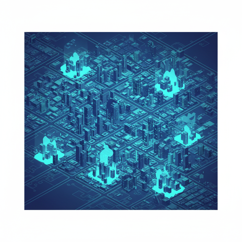 A stylized map of a city with glowing hotspots indicating active zones, data visualization style, clean isometric view, blue and teal colors