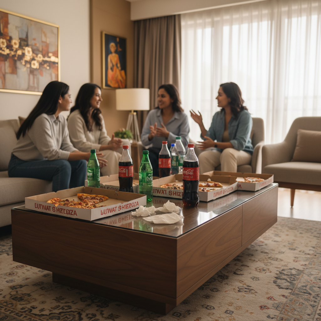 Modern indian apartment interior with branded boxes of pizza and soda bottles on a coffee table, blurred background of people talking, realistic photography style