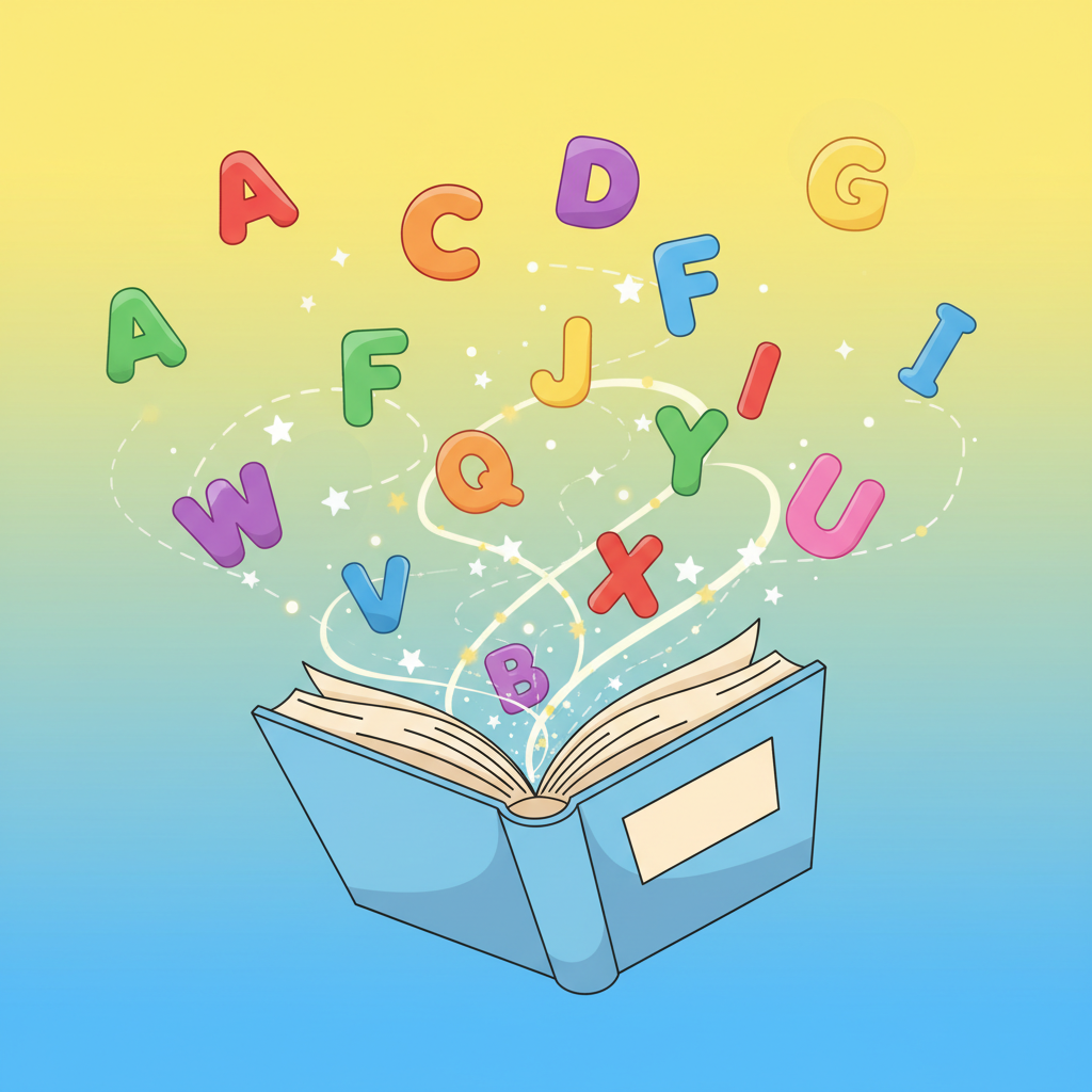 Whimsical educational illustration containing floating colorful 3D alphabet letters and a cartoon open book, bright yellow and blue background, simple vector art style
