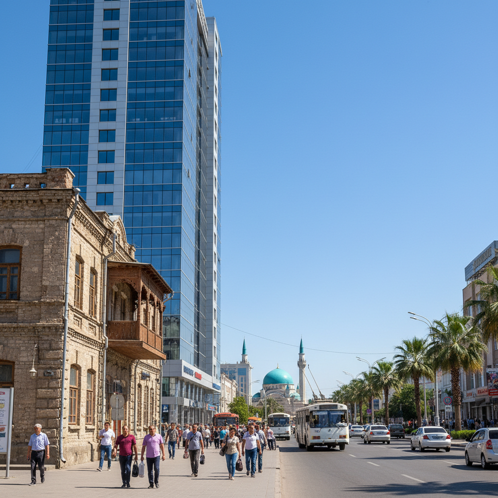 Busy city street in Shymkent with mix of old and new architecture, sunny day