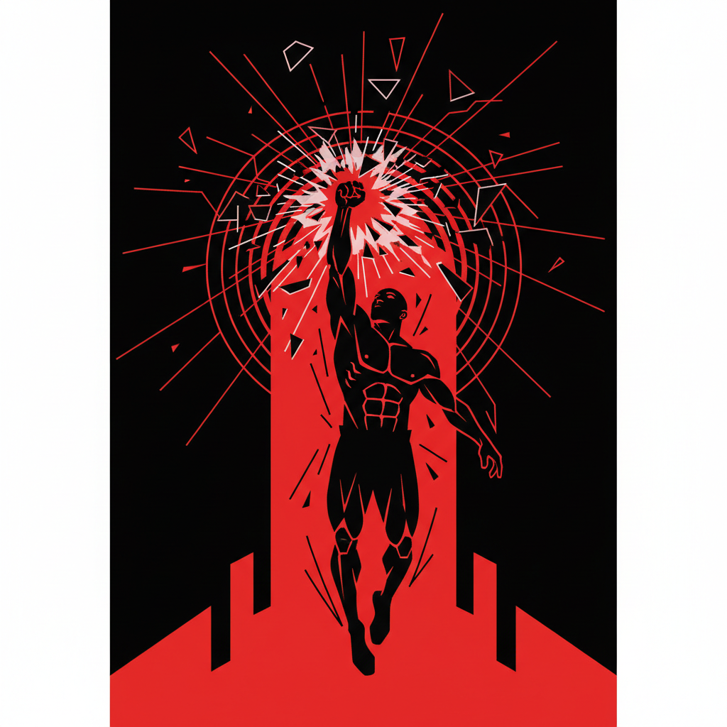 Abstract representation of a basketball player silhouette shattering a glass ceiling, red and black high contrast simplified vector style