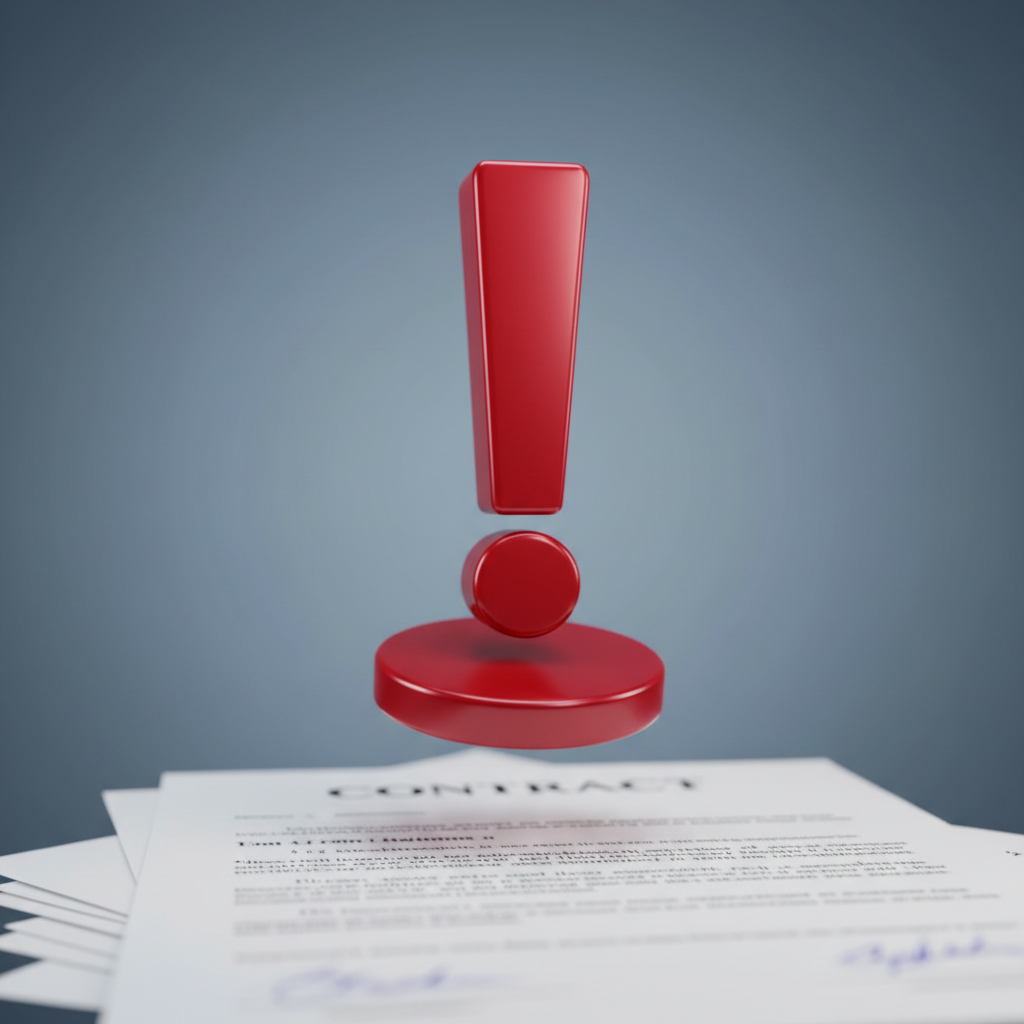 3D render of a red warning sign or exclamation mark floating over a blurred contract document