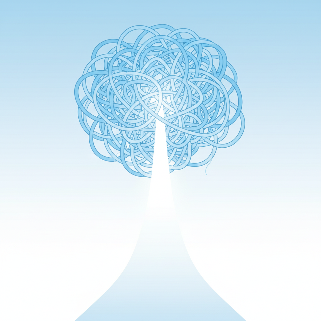 Conceptual illustration of a chaotic tangled knot unraveling into a straight clear line, symbolizing clarity and peace replacing stress, minimalist style, sky blue and white tones