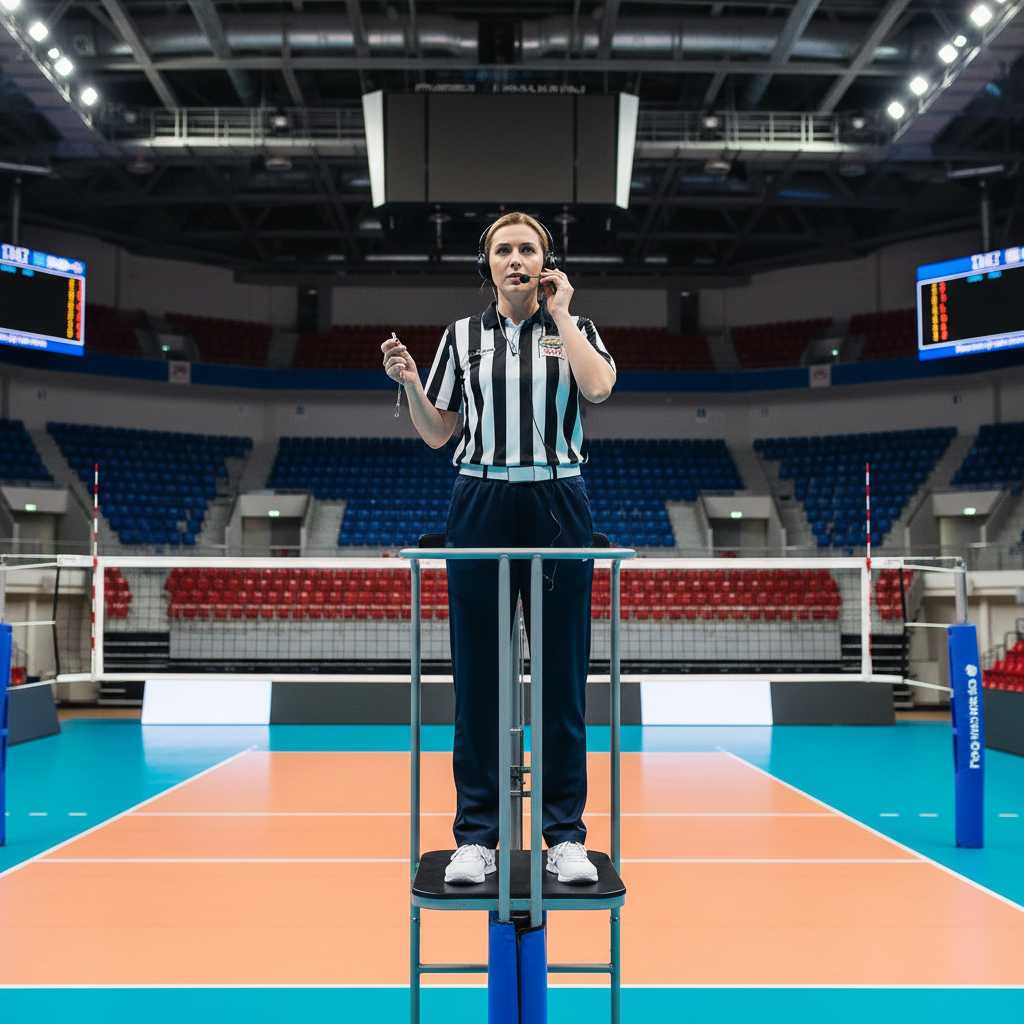 Volleyball referee on stand using headset communication, holding whistle, serious expression, indoor arena background