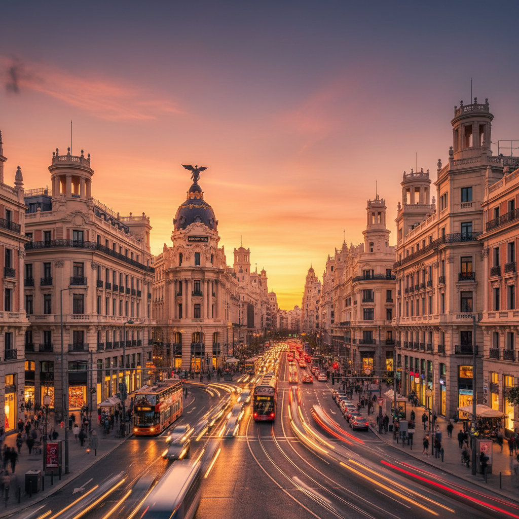 Cinematic wide shot of Gran Vía in Madrid at golden hour, vibrant city lights, beaux-arts architecture, hyperrealistic, 8k resolution