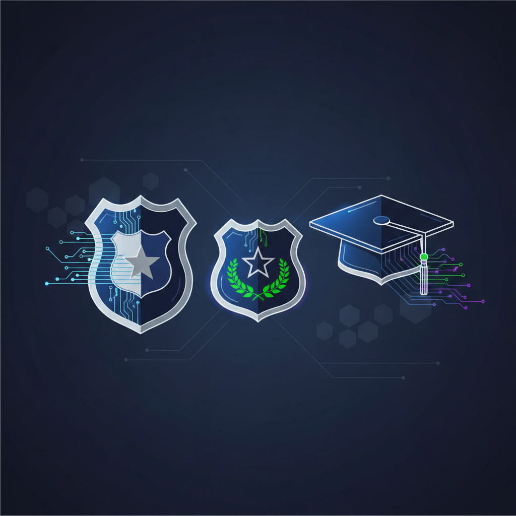 Futuristic visual showing a police badge and a graduation cap digitally merging or evolving into technological versions, minimal vector style