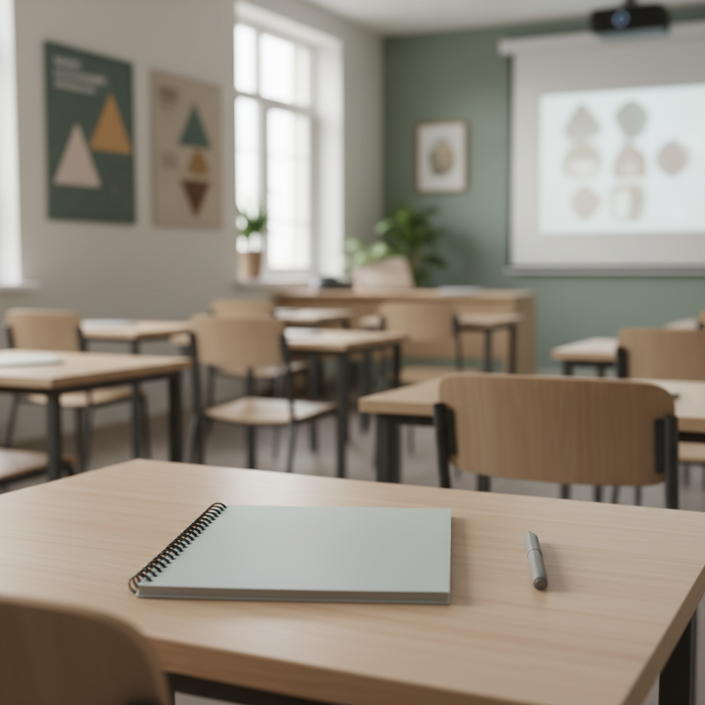A modern classroom, slightly blurred background, focus on an empty desk with a notebook, neutral tones, educational context