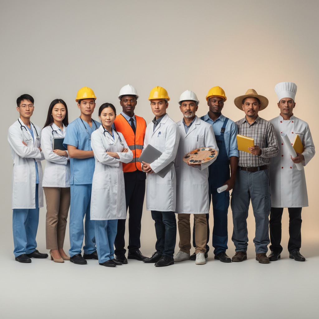 A group portrait of diverse professionals standing shoulder to shoulder, looking confidently at the camera, studio lighting, neutral background, representing unity and human dignity