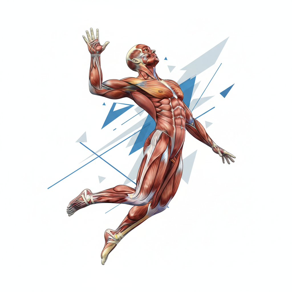 Anatomy concept art showing muscle tension of a volleyball player jumping high for a spike, dynamic athletic pose, medical illustration style