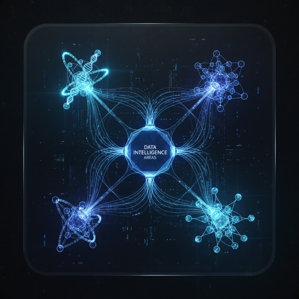 Futuristic digital hub interface with connected nodes representing data intelligence and medical therapy areas, glowing blue tech style.