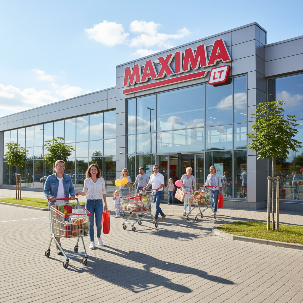 Maxima LT store entrance sunny day happy customers