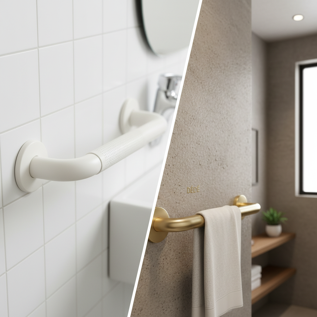 Split screen: Left side shows a ugly white plastic hospital grab bar. Right side shows the sleek metallic DÉDÉ bar in a warm bathroom setting.