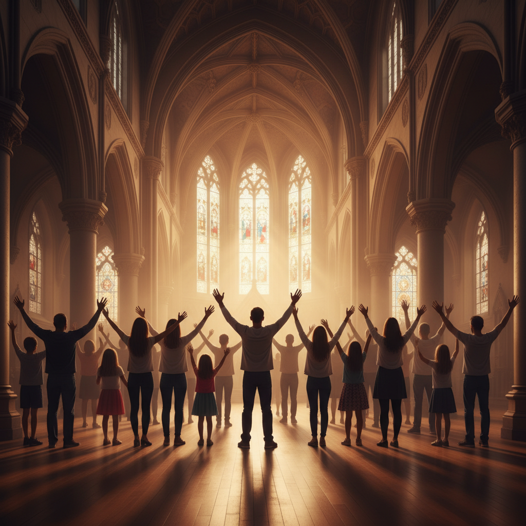 Silhouettes of a diverse group of people lifting hands in worship within a large church hall, warm golden backlight, atmospheric, photorealistic