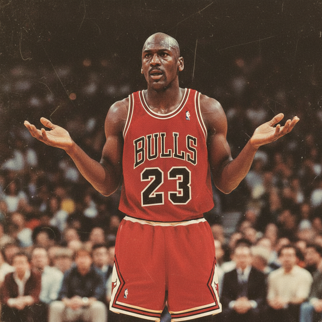 A basketball legend in a red jersey shrugging, vintage effect, 90s style photography