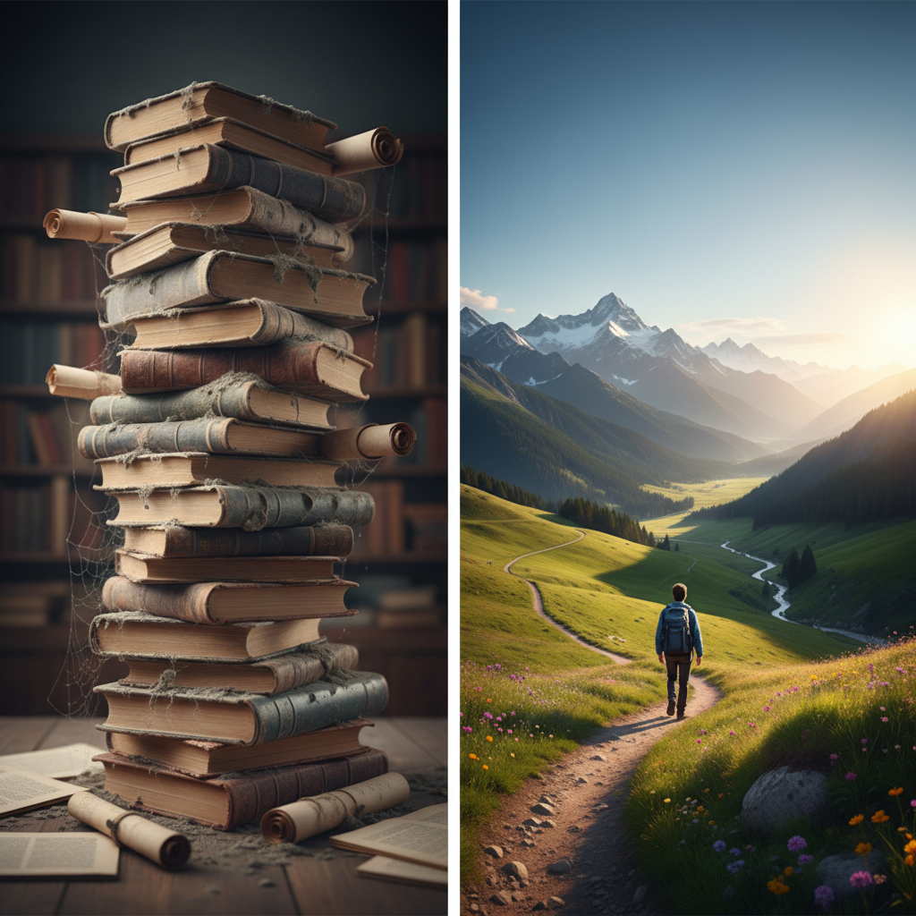 Split composition: one side a dusty stack of books, the other side a bright open landscape with a student hiking, metaphor for theory vs practice