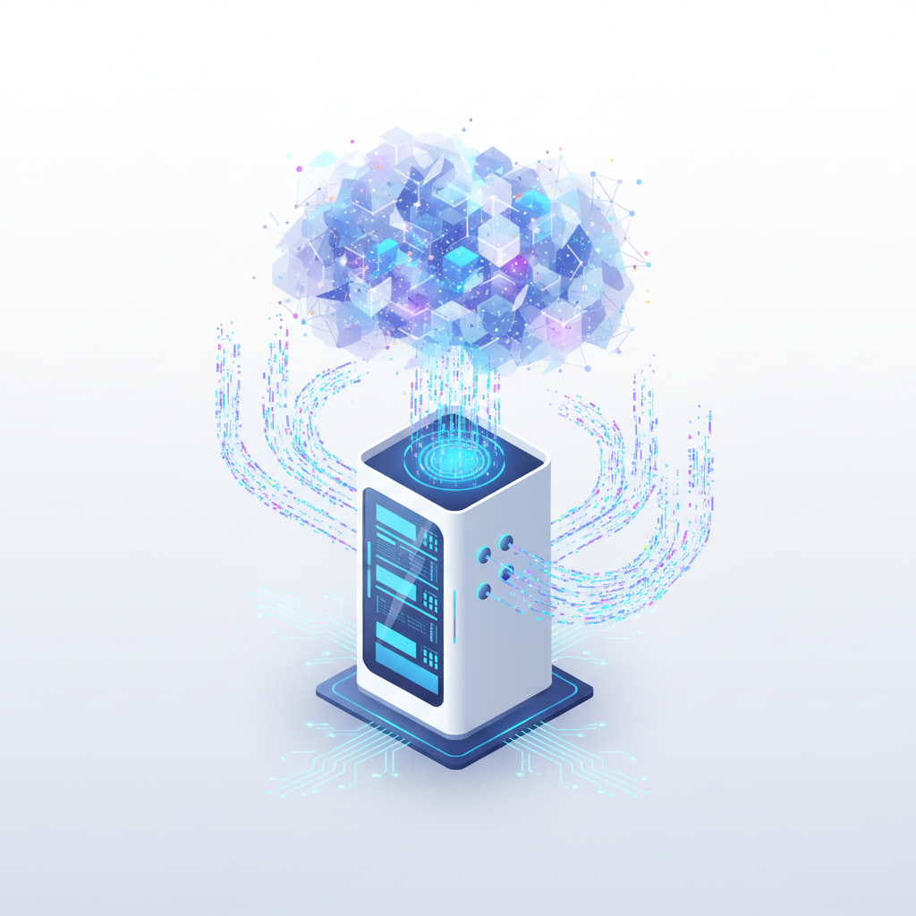 futuristic digital bridge concept, glowing data streams connecting a server rack to a cloud ecosystem, isometric style, clean white background