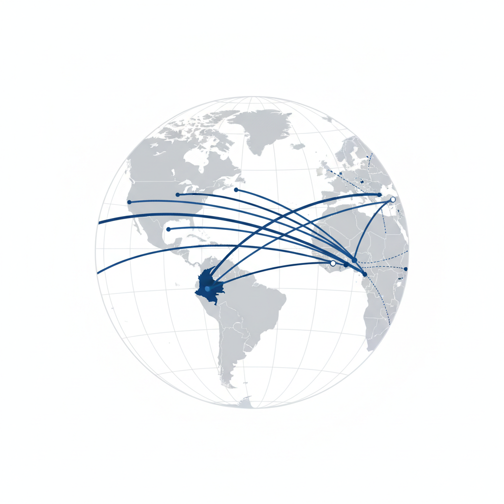 Global logistics map connecting Colombia to USA service routes, minimalist style, corporate business concept, blue and grey tones
