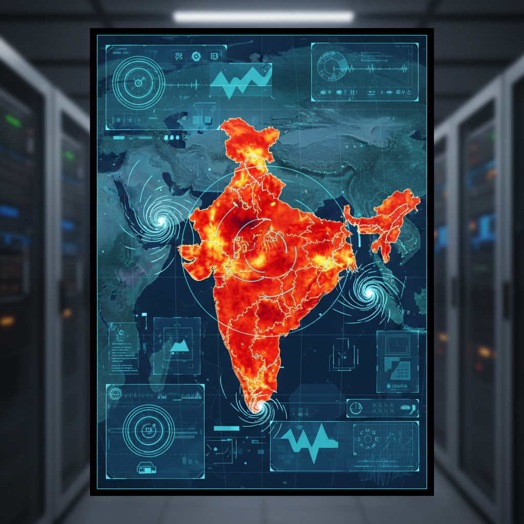 High tech control room screen showing heat map of India, cyclone tracking paths, digital meteorological interface, red and orange heat zones