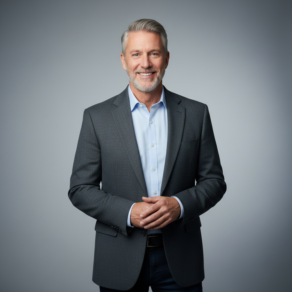 Professional headshot of a confident, middle-aged male architect or master craftsman, wearing business casual, studio lighting, neutral background.