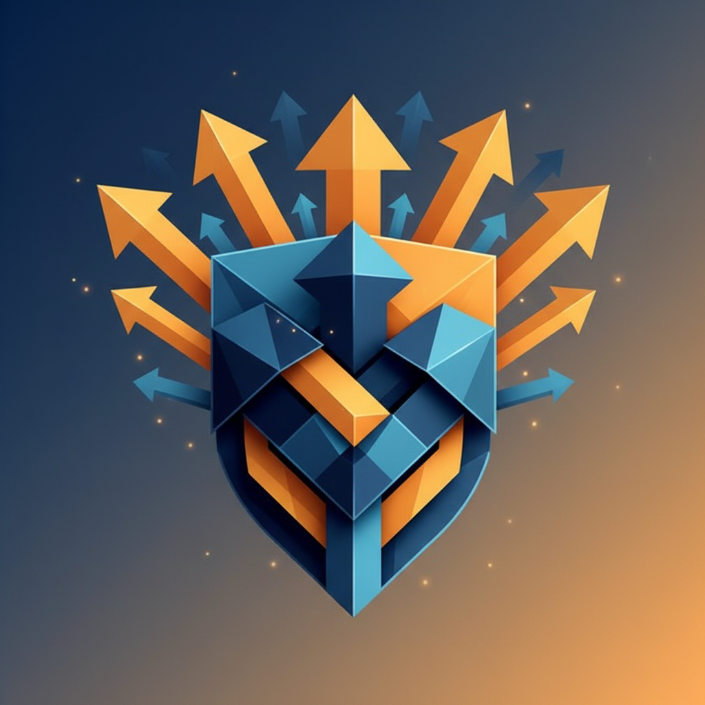 Abstract geometric shapes forming a secure lock or shield, blue and orange, representing security and yield