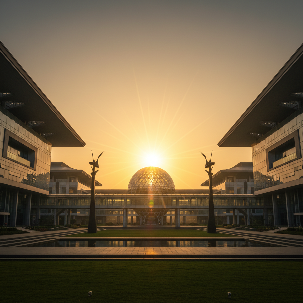 Low angle view of a golden sunrise over a modern university campus, symbolizing a new era of growth and excellence, high quality, cinematic lighting